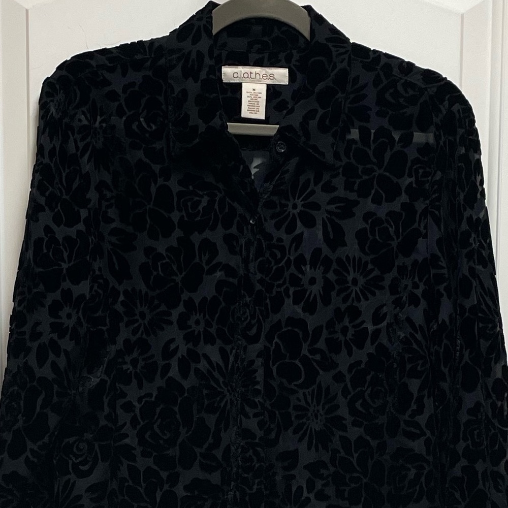 🔥 CLOTHES Sz Large Black Floral Sheer Button Down Blouse Great for Layering! Y2K